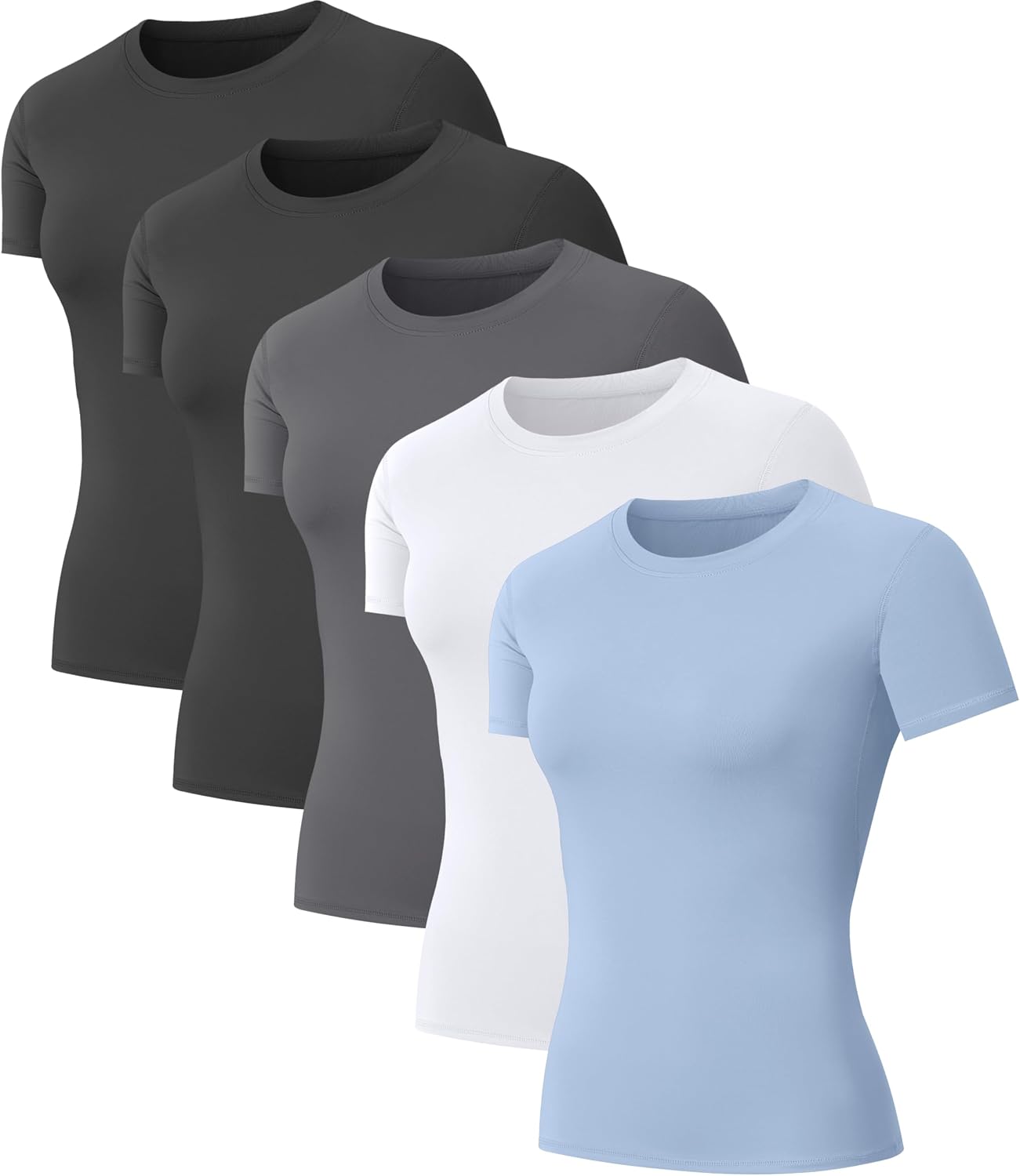 61aT808qEvL._AC_SL1500_ 5-Pack Women's Compression Shirts Short Sleeve Workout Tops Athletic Baselayer Quick Dry Gym Yoga Running T-Shirt - Image 1