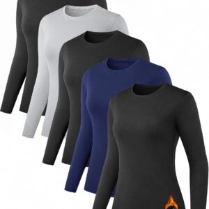 5 Pack Long Sleeve Thermal Shirts for Women Ultra Soft Fleece-Lined Crew Neck Workout Baselayer Tops