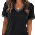 Womens T Shirts Graphic Tees Spring Short Sleeve V Neck Funny Letter Print Casual Loose Cute Summer Tops