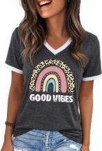 Womens T Shirts Graphic Tees Spring Short Sleeve V Neck Funny Letter Print Casual Loose Cute Summer Tops