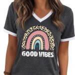Womens T Shirts Graphic Tees Spring Short Sleeve V Neck Funny Letter Print Casual Loose Cute Summer Tops