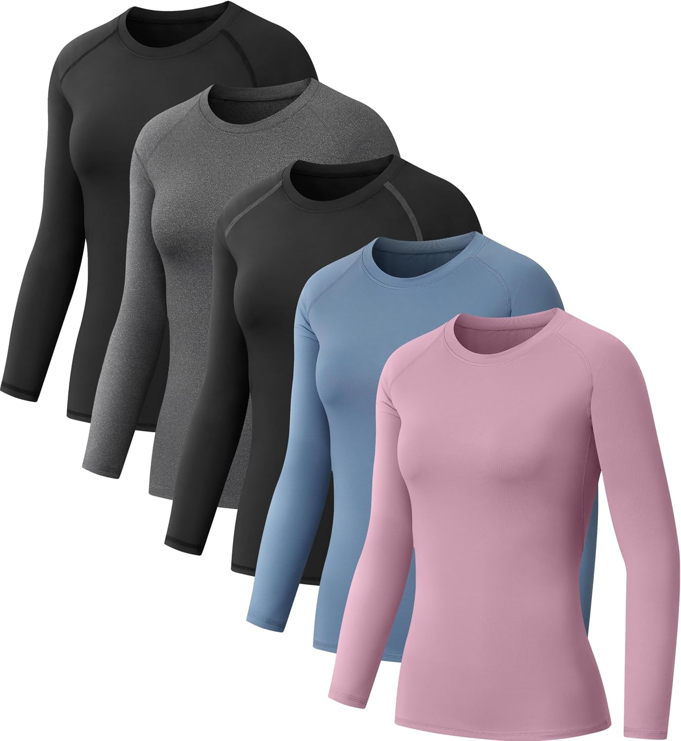 712c64CusyL._AC_SL1500_ 5 Pack Women's Compression Shirt Long Sleeve Workout Tops Athletic Baselayer Quick Dry Gym Yoga Running T-Shirt - Image 1