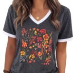 Womens T Shirts Graphic Tees Spring Short Sleeve V Neck Funny Letter Print Casual Loose Cute Summer Tops