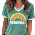 Womens T Shirts Graphic Tees Spring Short Sleeve V Neck Funny Letter Print Casual Loose Cute Summer Tops