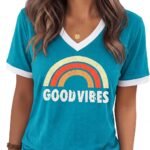 Womens T Shirts Graphic Tees Spring Short Sleeve V Neck Funny Letter Print Casual Loose Cute Summer Tops