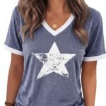 Womens T Shirts Graphic Tees Spring Short Sleeve V Neck Funny Letter Print Casual Loose Cute Summer Tops