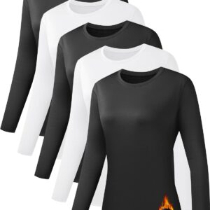 5 Pack Long Sleeve Thermal Shirts for Women Ultra Soft Fleece-Lined Crew Neck Workout Baselayer Tops