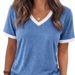 Womens T Shirts Graphic Tees Spring Short Sleeve V Neck Funny Letter Print Casual Loose Cute Summer Tops