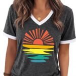 Womens T Shirts Graphic Tees Spring Short Sleeve V Neck Funny Letter Print Casual Loose Cute Summer Tops