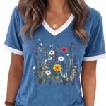 Womens T Shirts Graphic Tees Spring Short Sleeve V Neck Funny Letter Print Casual Loose Cute Summer Tops