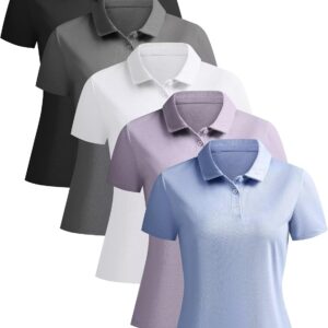 5 Pack Women's Polo Shirts Short Sleeve 3 Buttons Collared Uniform Tops Moisture-Wicking T-Shirts for Work & Casual