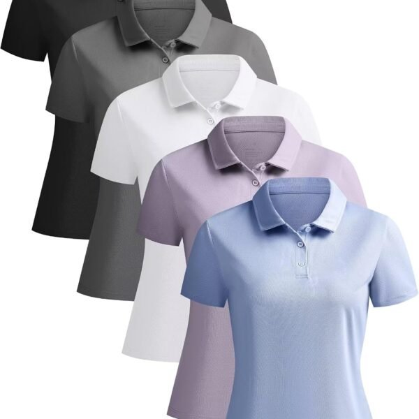 5 Pack Women's Polo Shirts Short Sleeve 3 Buttons Collared Uniform Tops Moisture-Wicking T-Shirts for Work & Casual