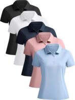 5 Pack Women's Polo Shirts Short Sleeve 3 Buttons Collared Uniform Tops Moisture-Wicking T-Shirts for Work & Casual